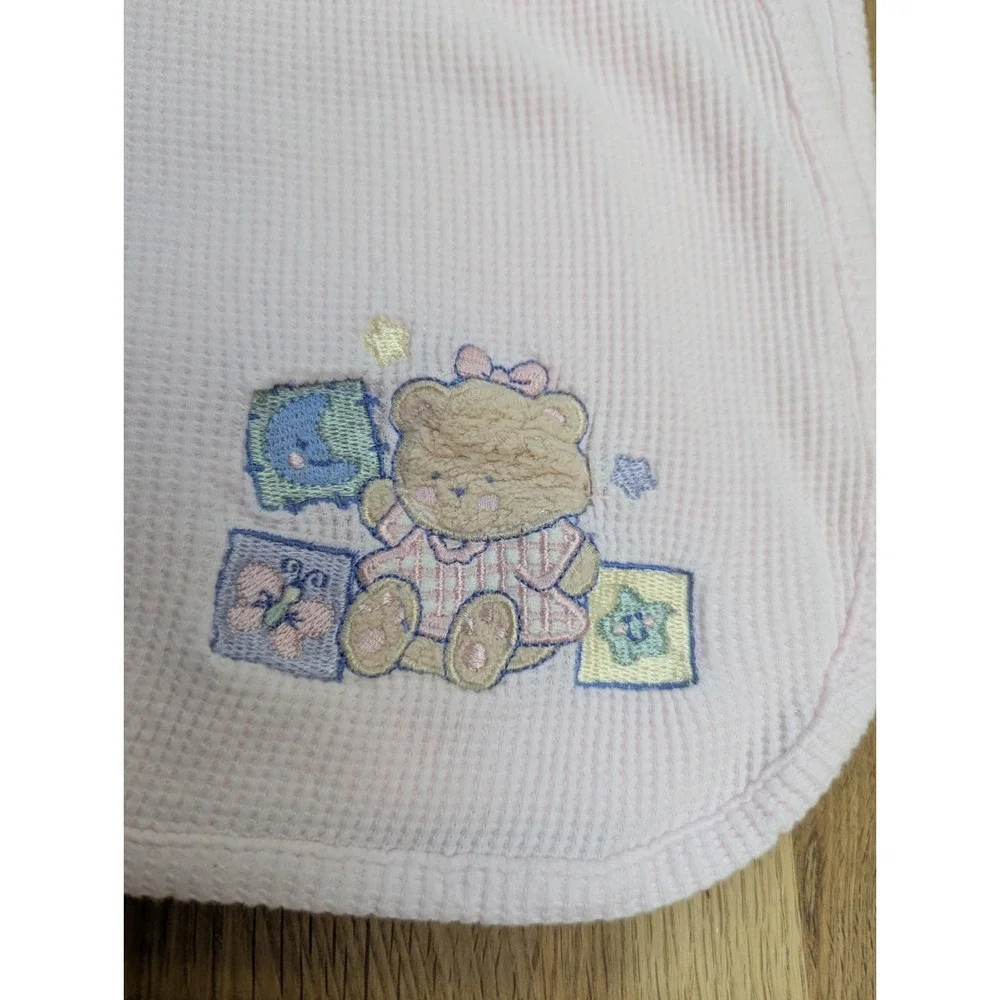 Just Born Pink thermal baby receiving blanket waffle weave teddy bear blocks